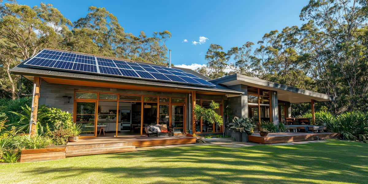 Modern house with rooftop solar panels surrounded by lush greenery and trees, featuring a wooden deck and glass doors under a clear blue sky.