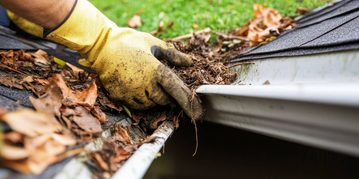 Close-up of a gloved hand removing wet leaves and debris from a clogged house gutter
