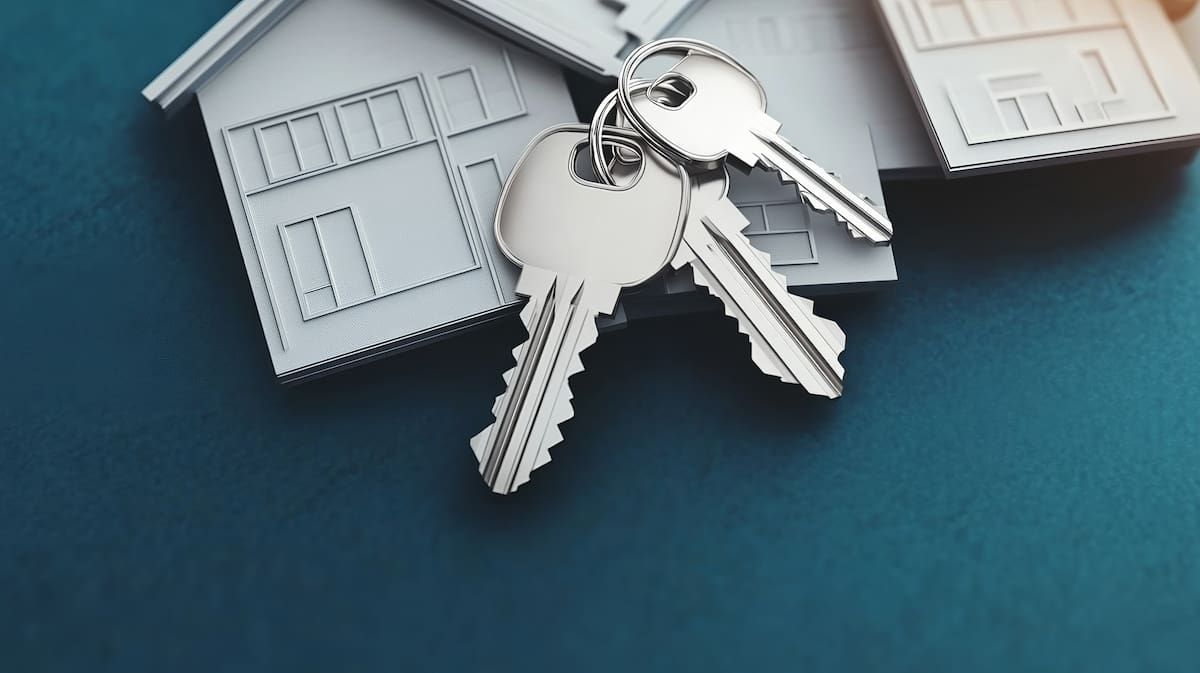 Metal house keys resting on paper-cut house shapes, symbolising rental property ownership and tenancy agreements